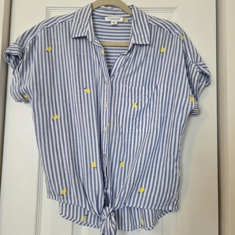 beachlunchlounge Blue and White Striped Top with Yellow Lemon Details